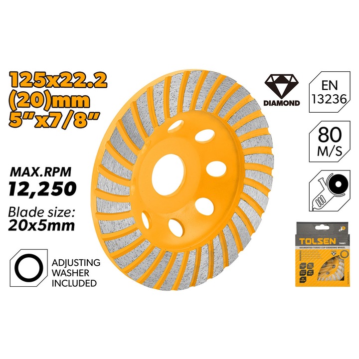 Disc diamantat Turbo TOLSEN 125 mm, Segmente pentru slefuit beton, Lama 20 mm, Ax 22,22 mm, Durabilitate ridicata, Ideal pentru lucrari profesionale si industriale, Disc diamantat Turbo TOLSEN 125 mm, Segmente pentru slefuit beton, Lama 20 mm, Ax 22,22 mm