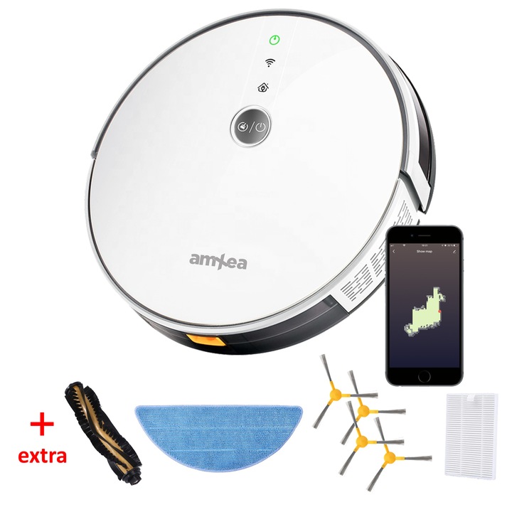 Pachet Robot de aspirare amXea E30 Alb, Wi-Fi app, smart memory, navigare giroscopica, multi-suprafete, curatare umeda si uscata, perie centrala, aspirator robot + extra set de accesorii