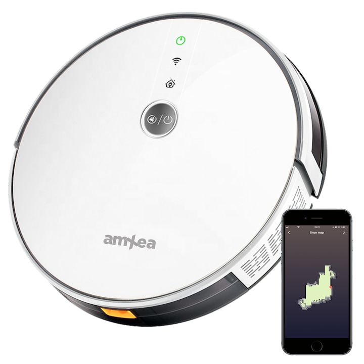 Прахосмукачка робот amXea E30 White, Wi-Fi приложение, интелигентна памет, жироскопична навигация, много повърхности, мокро и сухо почистване, централна четка, прахосмукачка робот