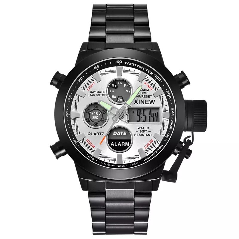 Ceas barbatesc casual, elegant Quartz Xinew X131 negru-argintiu, curea metal (zale), afisaj analog