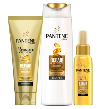Set cadou Pantene Repair&Protect: Sampon, 360 ml + Balsam 3 Minute Miracle, 200 ml + Ulei de par, 100 ml Set cadou Pantene Repair&Protect: Sampon, 360 ml + Balsam 3 Minute Miracle, 200 ml + Ulei de par, 100 ml