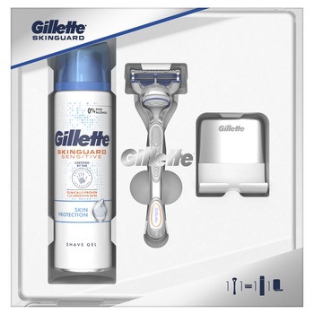 Set cadou Gillette Skinguard: Aparat de ras + Gel de ras, 200 ml + agatatoare pentru aparatul de ras Set cadou Gillette Skinguard: Aparat de ras + Gel de ras, 200 ml + agatatoare pentru aparatul de ras