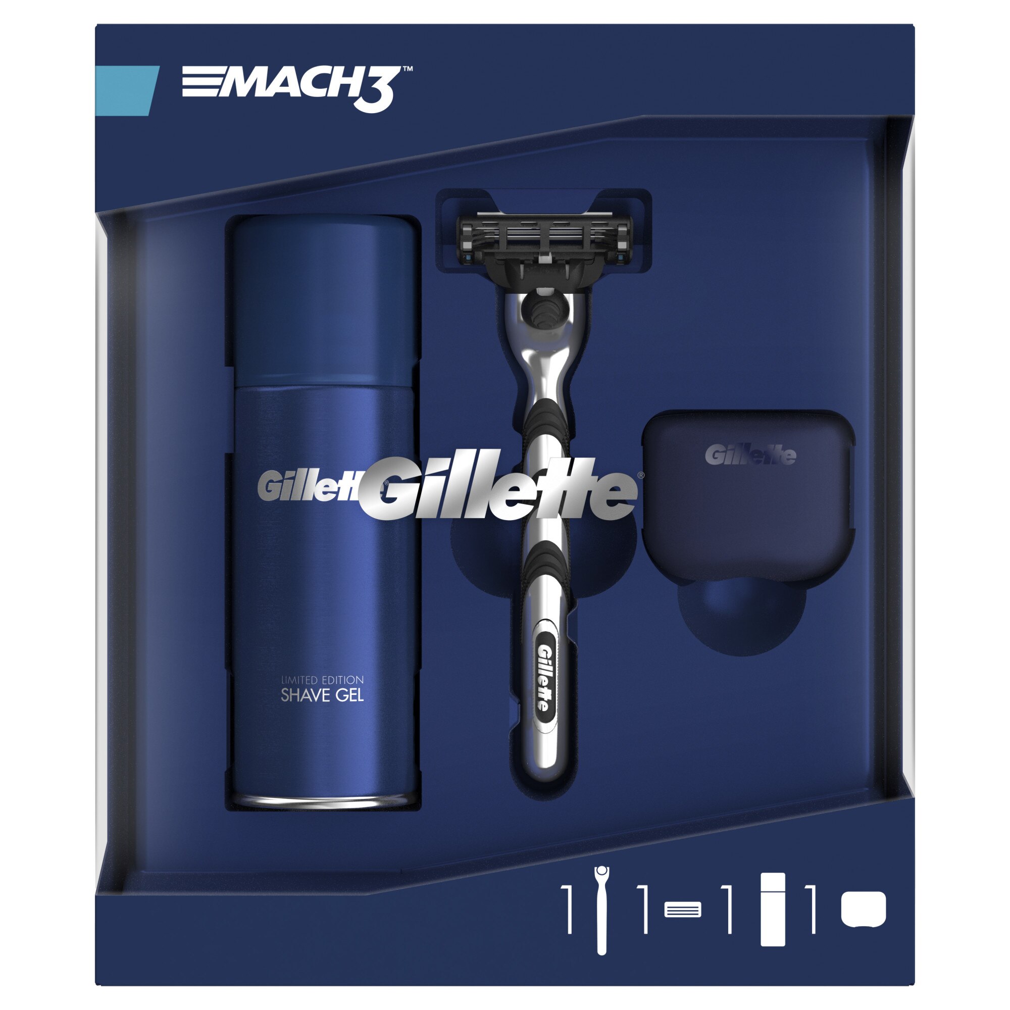 Set cadou Gillette Mach3: Aparat de ras + Gel de ras Sensitive, 75 ml + husa de voiaj