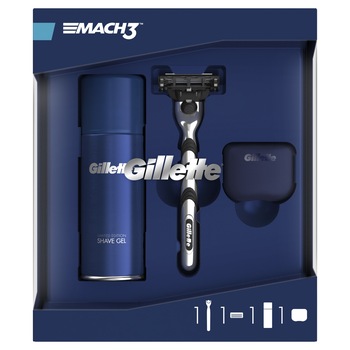Set cadou Gillette Mach3: Aparat de ras + Gel de ras Sensitive, 75 ml + husa de voiaj Set cadou Gillette Mach3: Aparat de ras + Gel de ras Sensitive, 75 ml + husa de voiaj