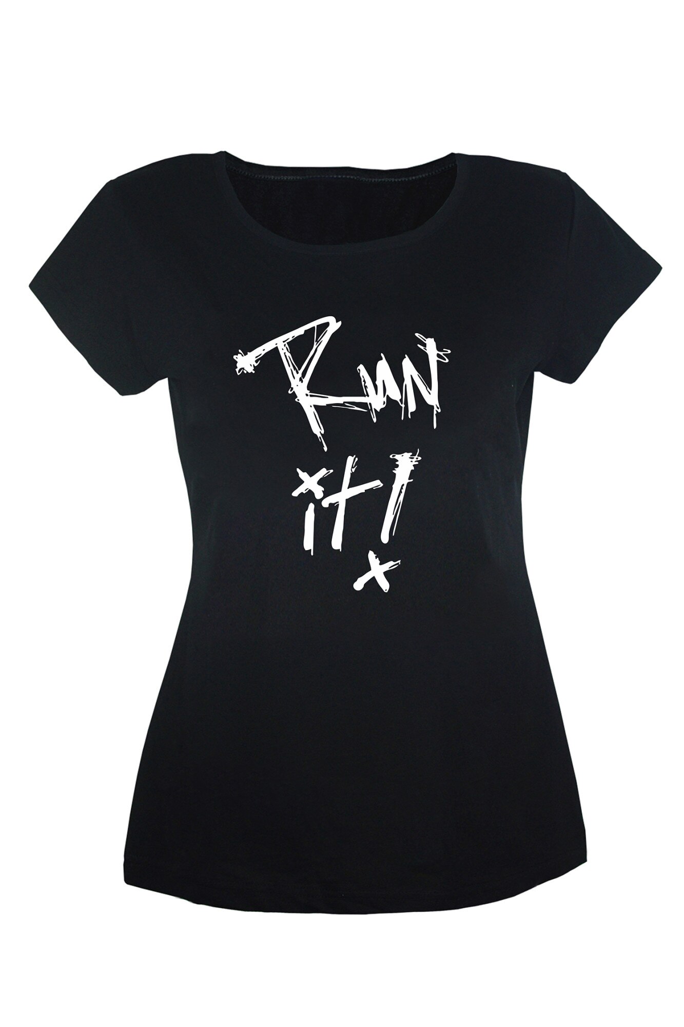 Tricou dama din bumbac cu imprimeu Run It! TripleT clothing, Negru