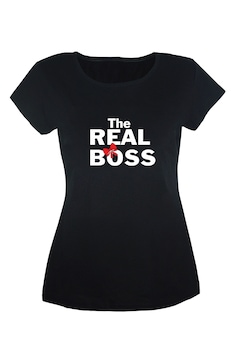 Tricou dama din bumbac cu imprimeu The Real Boss TripleT clothing, Negru Tricou dama din bumbac cu imprimeu The Real Boss TripleT clothing, Negru