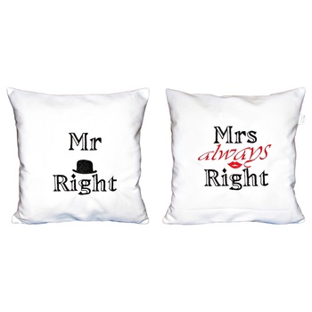 Set 2 perne Mr & Mrs Right, model 2, 40x40 cm, bumbac 100%, culoare alba Set 2 perne Mr & Mrs Right, model 2, 40x40 cm, bumbac 100%, culoare alba