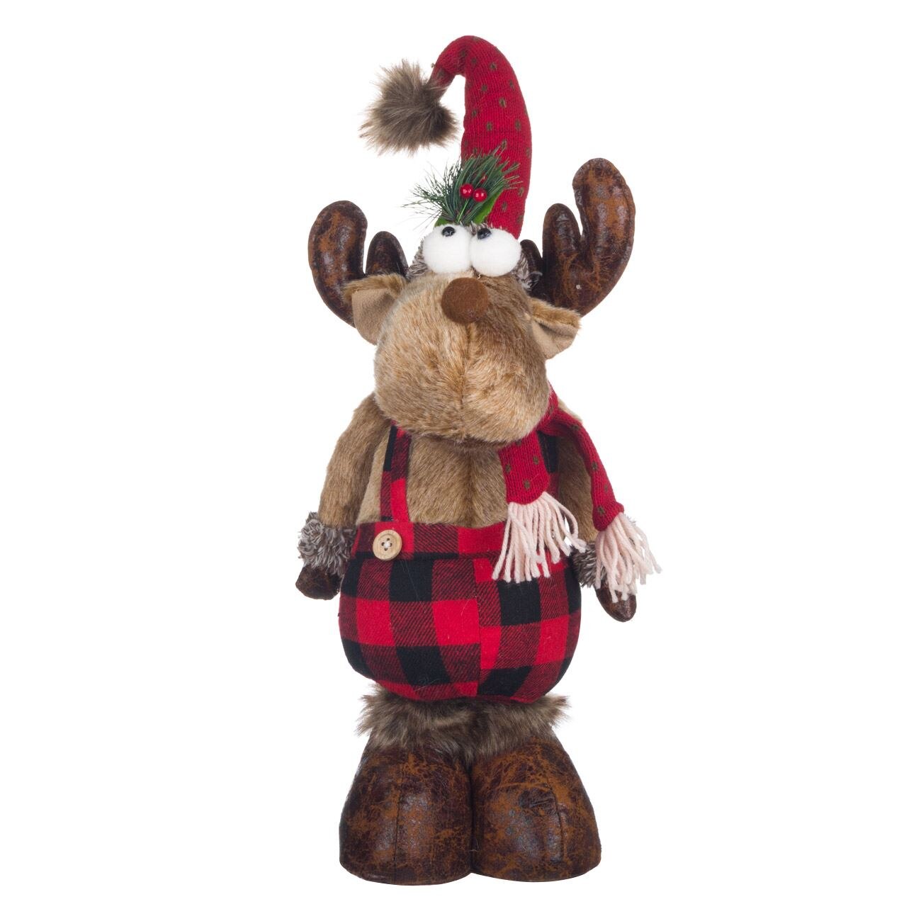 Figurina Craciun ren cu salopeta multicolora, DecorCasa, 59 cm