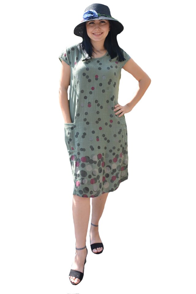 Rochie de vara,Gieda ,imprimeu buline,material elastic pe margine,D&J Exclussive, Kaki