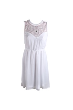 Rochie voal cu broderie si margele, talie elastica, 100% poliester, Alb, Alb Rochie voal cu broderie si margele, talie elastica, 100% poliester, Alb, Alb