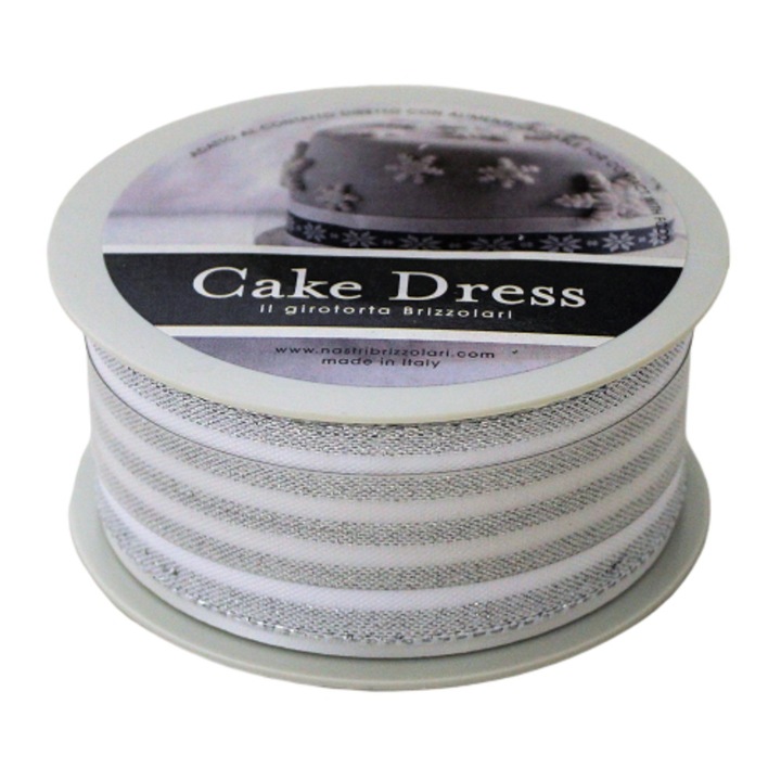 Textil torta ruha dekorációs szalag, tortákhoz és cupcake-ekhez, 4.5cm x 10m, dupla csíkos ezüst színben