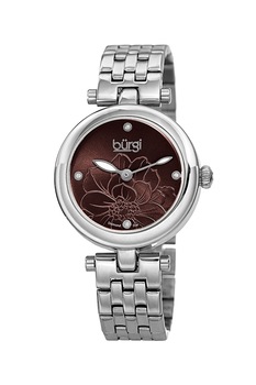 BURGI, Ceas cu bratara metalica si 4 diamante, Argintiu BURGI, Ceas cu bratara metalica si 4 diamante, Argintiu