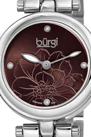 BURGI, Часовник с 4 диаманта и метална верижка, Сребрист