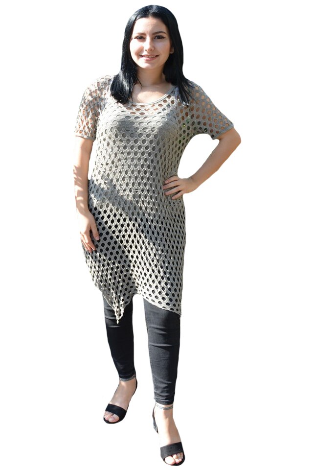 Bluza lejera de vara, perforatii multiple,model mai lung asimetric,D&J Exclusive, Kaki