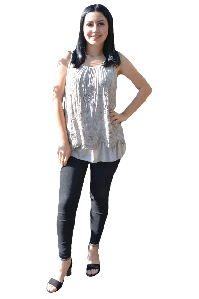 Bluza casual, fara maneca cu broderie deosebita florala,D&J Exclusive, Kaki