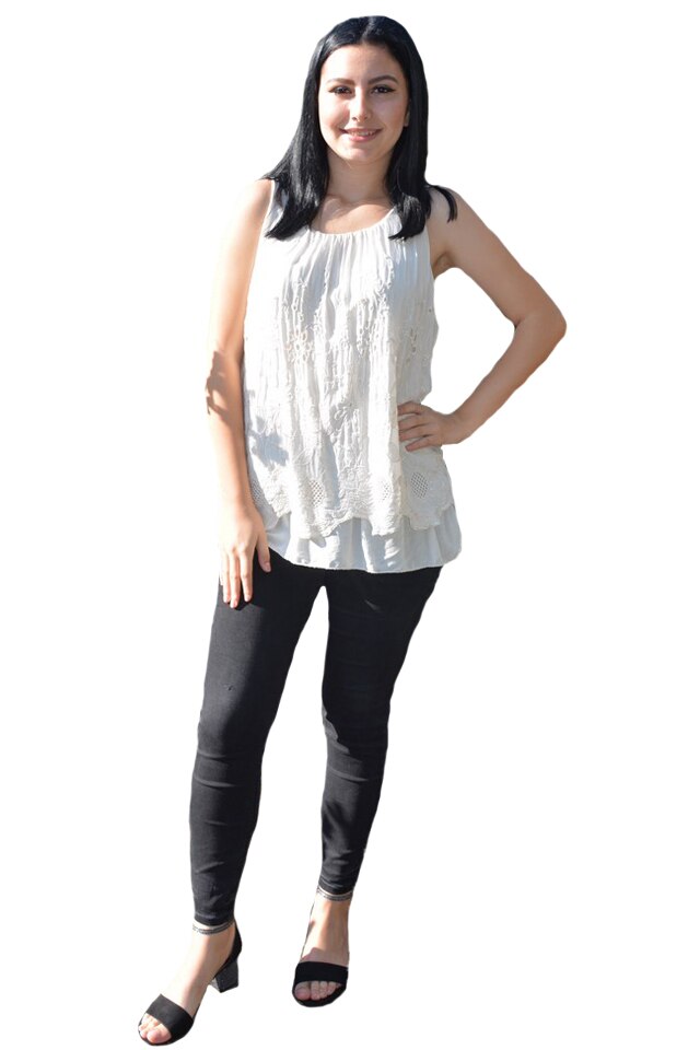 Bluza casual, fara maneca cu broderie deosebita florala,D&J Exclusive, Crem