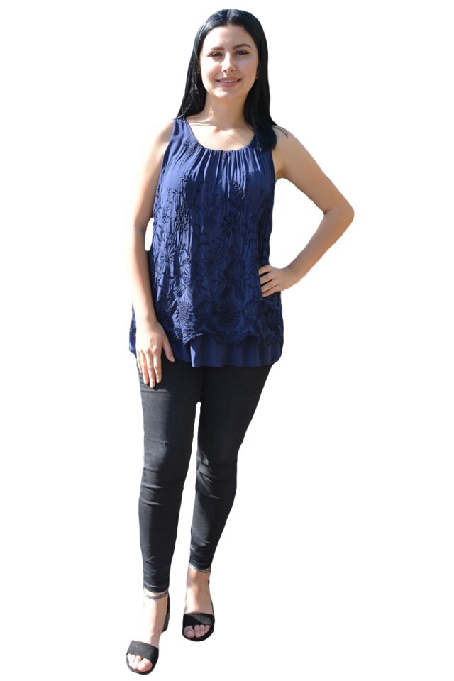 Bluza casual, fara maneca cu broderie deosebita florala,D&J Exclusive, Albastru marin