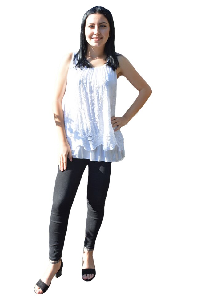 Bluza casual, fara maneca cu broderie deosebita florala,D&J Exclusive, Alb