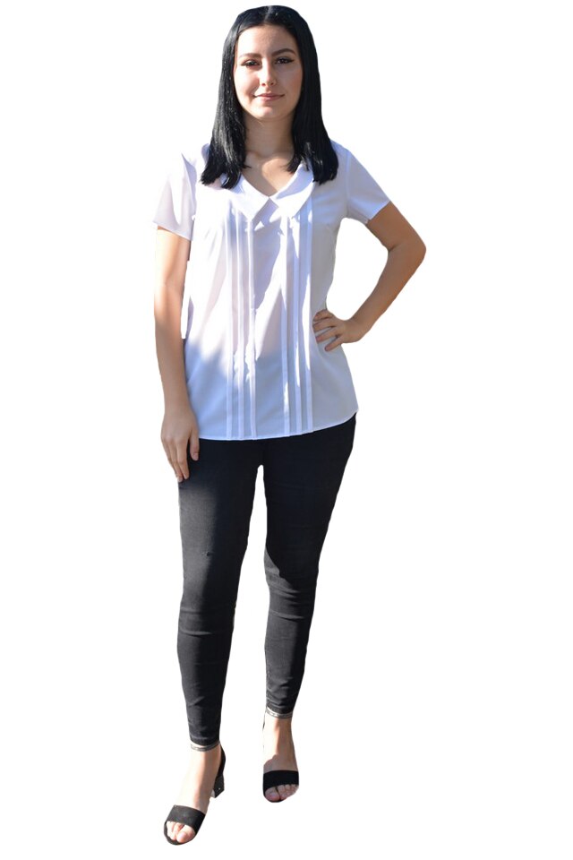 Bluza cu model de pliuri, cu guler de camasa si maneci scurte,D&J Exclusive, Alb