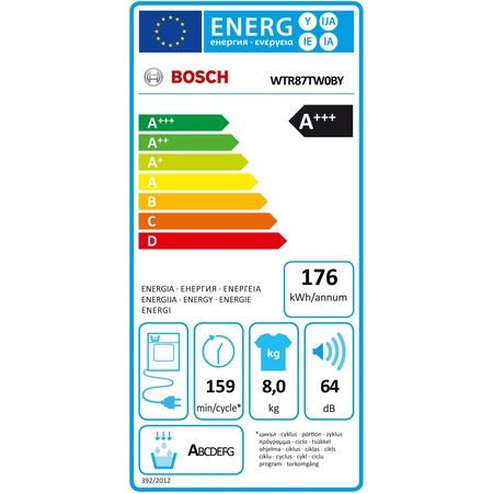 Uscator de rufe Bosch WTR87TW0BY, Pompa de caldura, 8 kg, 15 programe, Clasa A+++, AutoDry Technology, Alb