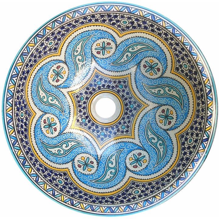 Lavoar Artizan,rotund,Eros,pictat manual,alb/albastru,ceramica,montaj pe blat