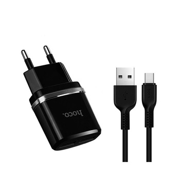 Incarcator Priza retea, hoco c12, 2.4a dual usb + cablu usb tip c, negru Incarcator Priza retea, hoco c12, 2.4a dual usb + cablu usb tip c, negru
