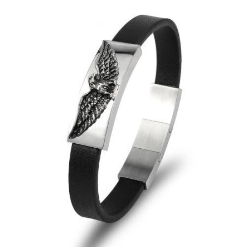 Bratara de piele cu detalii din otel inoxidabil, Silver Flame, SW155XL, Negru