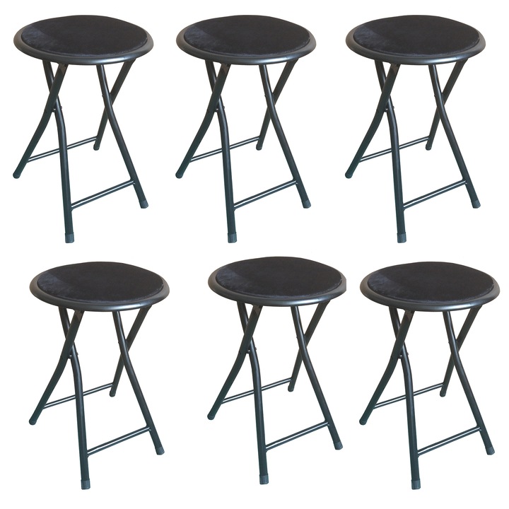 Set 6 scaune pliante Kring Round, 30x45 cm, tip taburet, Negru