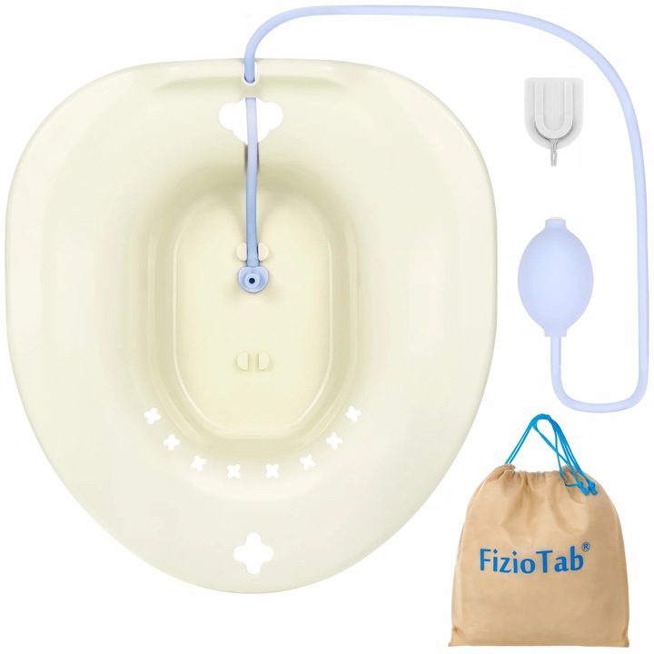 Vas FizioTab® Sitz Bath, pentru Bai de Sezut, tip Lighean pentru Wc, cu Irigator Reglabil, Asigura Igiena Locala si Ameliorarea Simptomelor Locale Provocate de Hemoroizi, 1 bucata, Galben cu Pompita Albastra
