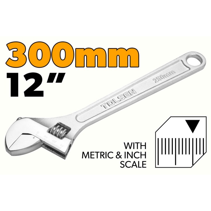 Cheie reglabila TOLSEN 300 mm (12"), deschidere ajustabila 0-35 mm, otel calit cu finisaj cromat, ideala pentru aplicatii profesionale si industriale