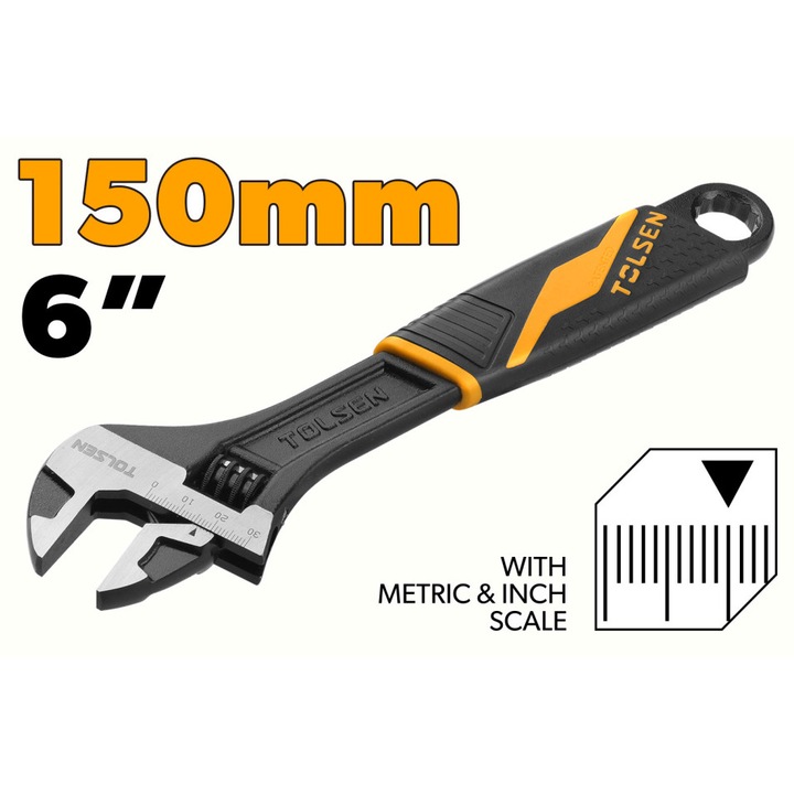 Cheie reglabila TOLSEN 150 mm (6"), deschidere 0–19 mm, otel de inalta calitate, finisaj negru lustruit, maner ergonomic 2 componente, durabila si precisa, Industrial