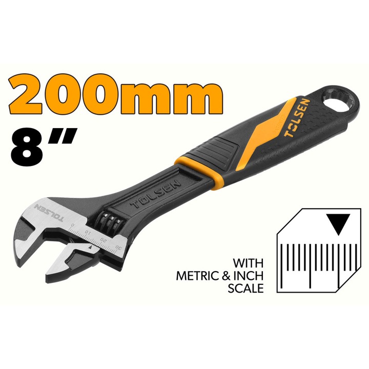 Cheie reglabila TOLSEN 200 mm (8"), deschidere 0–24 mm, otel de inalta calitate, finisaj negru lustruit, maner ergonomic 2 componente, reglare precisa, Industrial