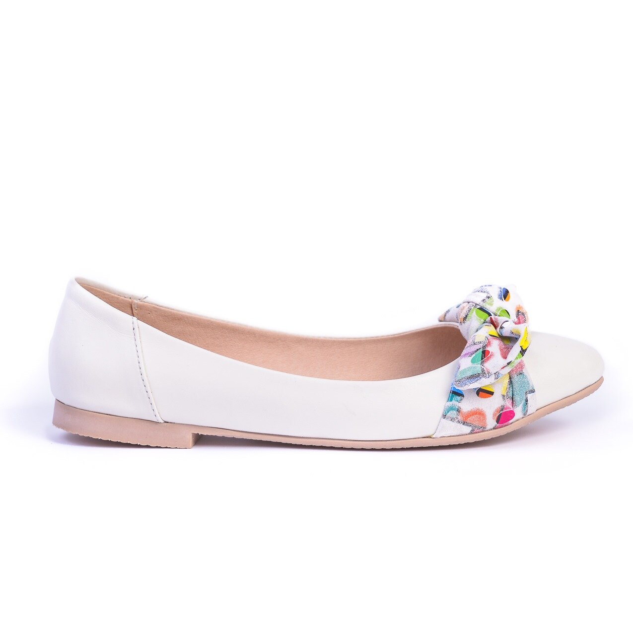 Balerini Donna Mia 1807, piele naturala, cu fundita, alb/multicolor