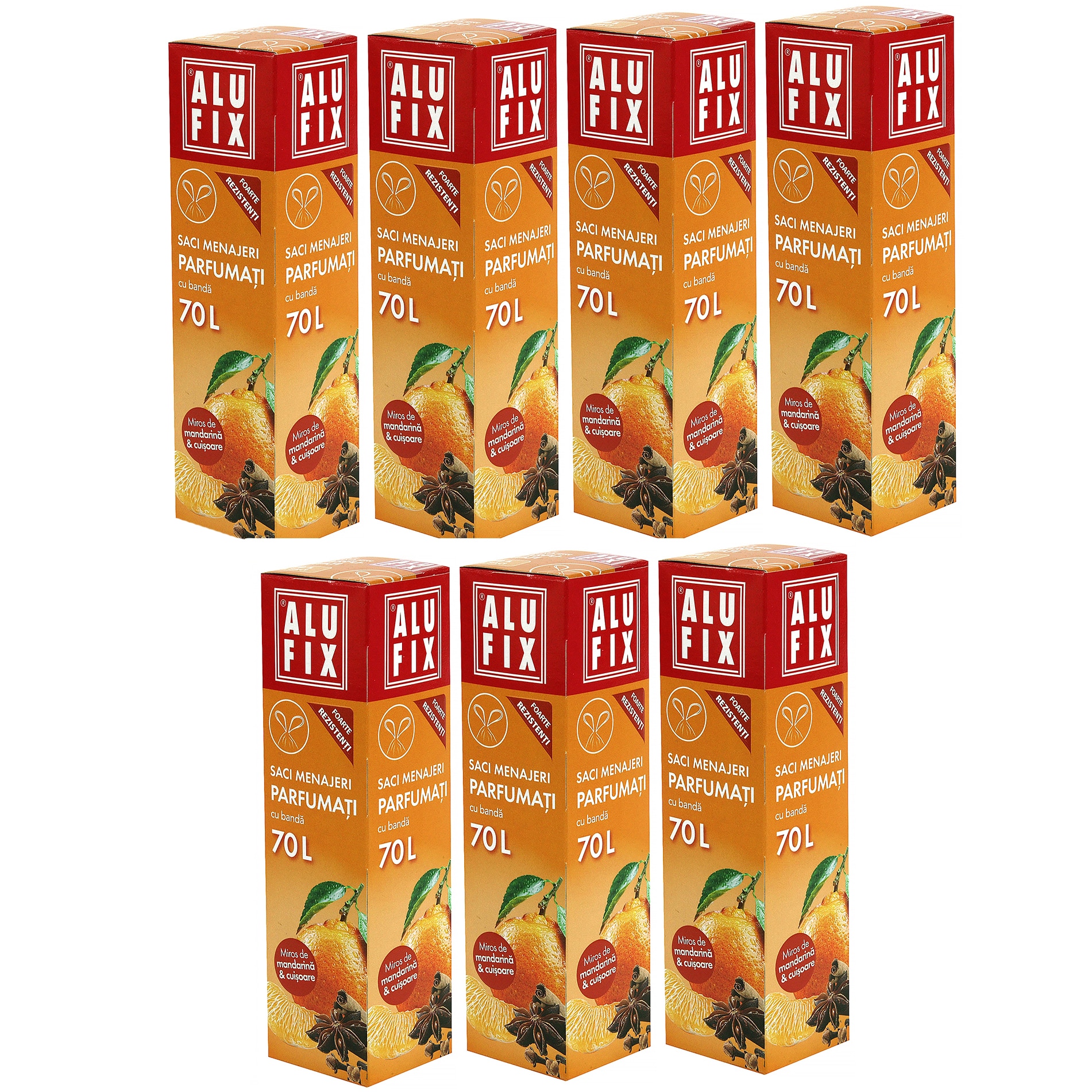 Saci menajeri Alufix, parfumati, cu banda, 70L, 8 bucati/rola, mandarin, bax cu 7 role