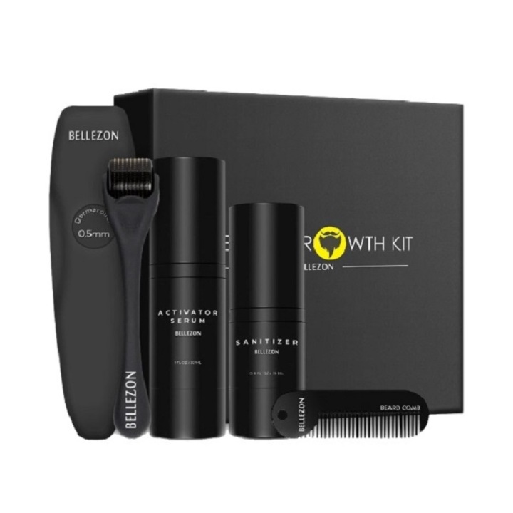 Kit profesional accelerare crestere barba, Eurozep, roller barba, pieptan, dezinfectant 15 ml, ser de activare 30 ml, ghid de utilizare