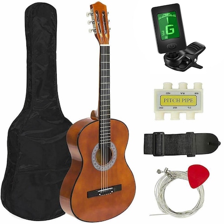 Pachet promo: Set chitara acustica Timeless Tools, pentru incepatori, cu tuner, Maro + Set 6x corzi chitara clasica, Nylon/Argint, 20 g