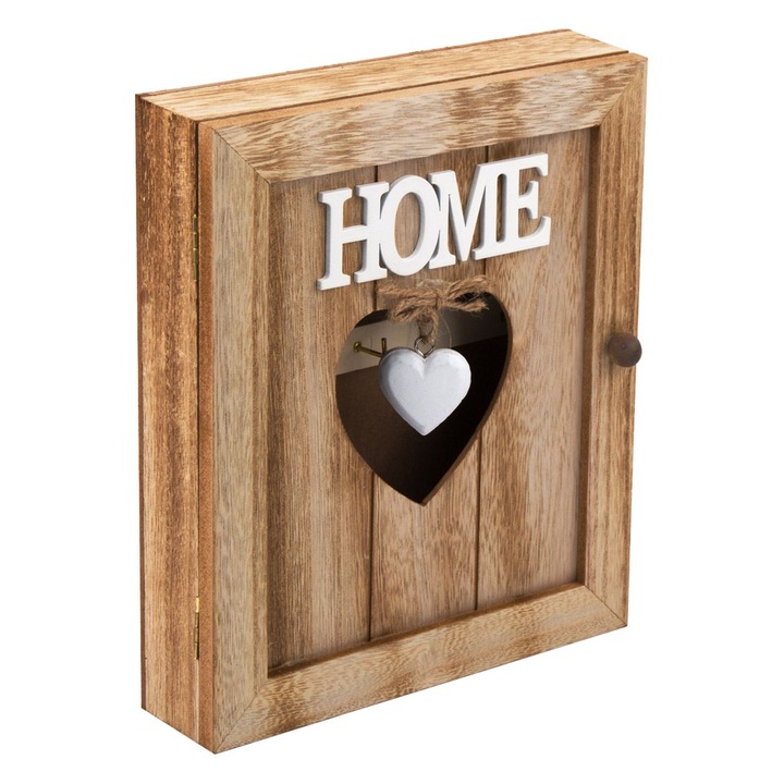 Cutie suport chei din lemn, model home cu inimioara, 21x6x25 cm