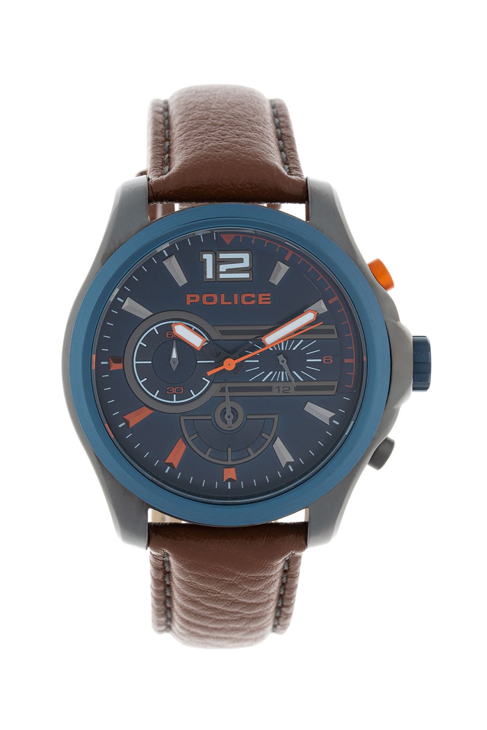 Police, Ceas cronograf cu o curea de piele, Maro scortisoara/Albastru