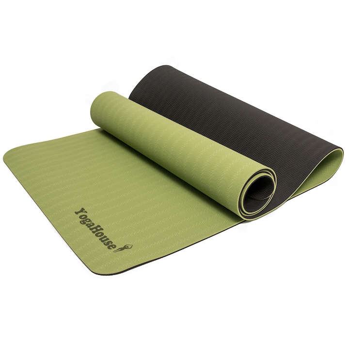 Yoga House Ökológiai Szőnyeg Jógához, Fitnesshez, 183cmx61cmx6mm, Hordozható Táskával, Zöld