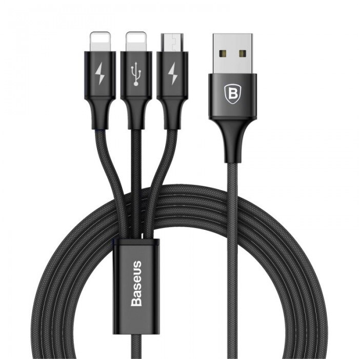 Cablu de date/incarcare Baseus, 3in1 2x Lightning/MicroUSB, Negru
