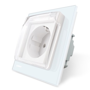 Priza simpla Livolo cu rama din sticla si capac de protectie rezistent la apa, Alb Priza simpla Livolo cu rama din sticla si capac de protectie rezistent la apa, Alb