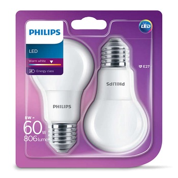 Set 2 becuri LED, Philips, CorePro LEDbulb, forma clasica, E27, 8W, 15000 de ore, lumina calda Set 2 becuri LED, Philips, CorePro LEDbulb, forma clasica, E27, 8W, 15000 de ore, lumina calda