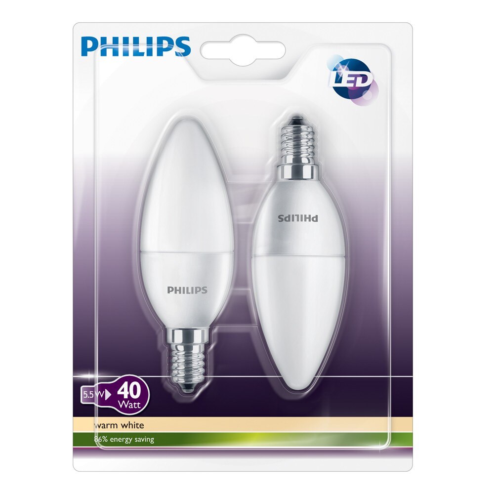 Set 2 becuri LED, Philips, CorePro LEDCandle, forma lumanare, E14, 5.5W, 15000 de ore, lumina calda