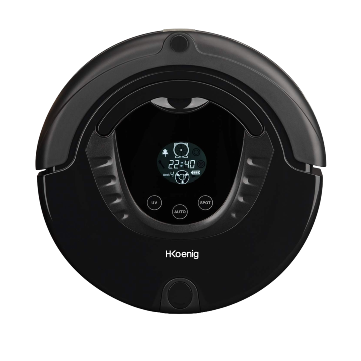 Прахосмукачка робот H.Koenig Vacuum Cleaner SWR28, Двойна четка, Разпознаване на препятствия, Регулиране на всмукателната мощност в зависимост от повърхността, Програмируема, Контролен панел със сензор, Автономност 90 мин., Черен