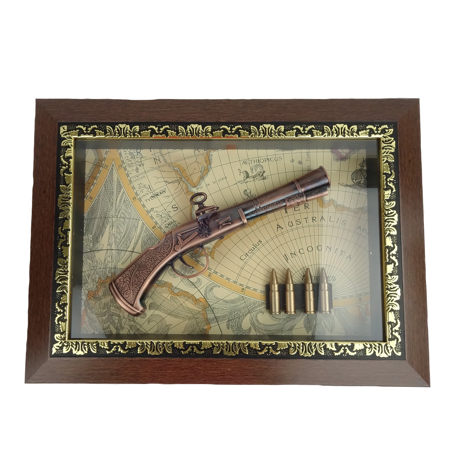 Tablou 3d, harta contemporana, 4 gloante si un pistol contemporan 3d