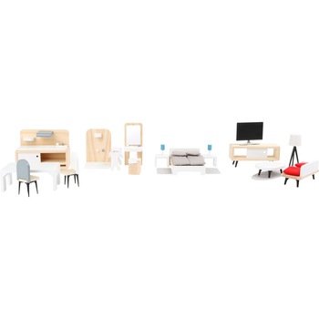 Set complet mobilier pentru casuta papusi, Legler, 28 piese din lemn Set complet mobilier pentru casuta papusi, Legler, 28 piese din lemn