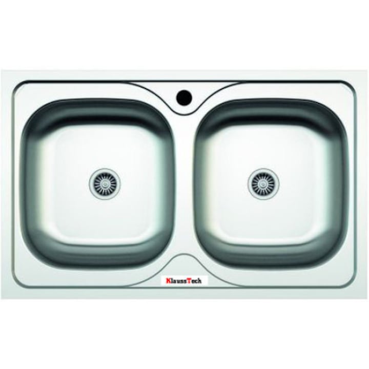 Кухненска мивка с две корита, KlaussTech, Неръждаема стомана против варовик, Размери 50 x 80 см, Модерен дизайн, Сребриста