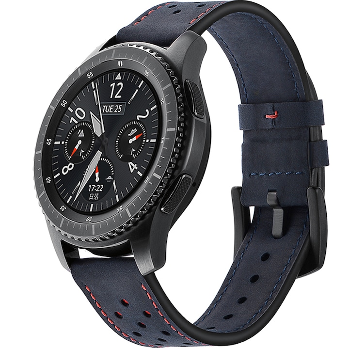 Curea piele naturala ZAFIT™, compatibila cu ceas smartwatch Samsung Galaxy watch/Samsung Gear S3 46mm diagonala, Huawei Watch GT 2 (46mm), 22mm latimea curelei, Albastru CP01