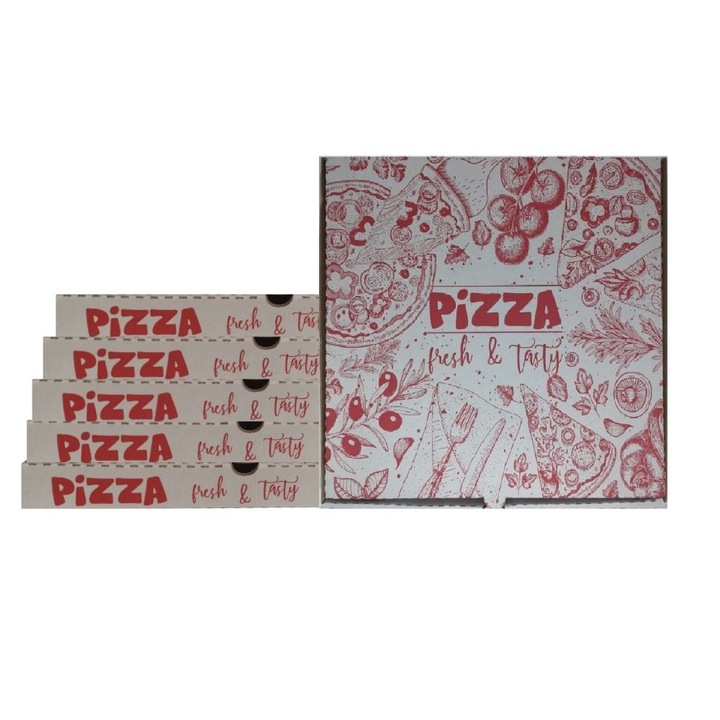 Комплект от 500 бели кутии за пица, модел "Pizza Fresh & Tasty", размер 28x3,5x28 см - картонена опаковка