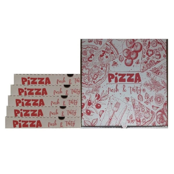 Комплект от 500 бели кутии за пица, модел "Pizza Fresh & Tasty", размер 32x3,5x32 см - картонена опаковка
